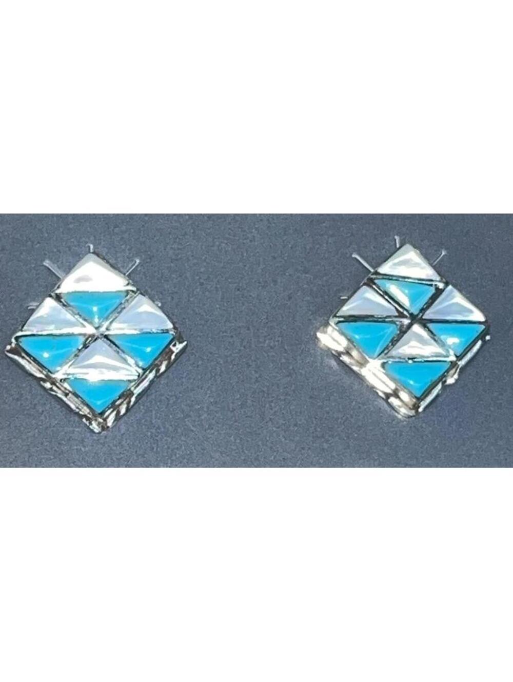 Zuni traditional cluster turquoise mother of pearl sterling silver inlay